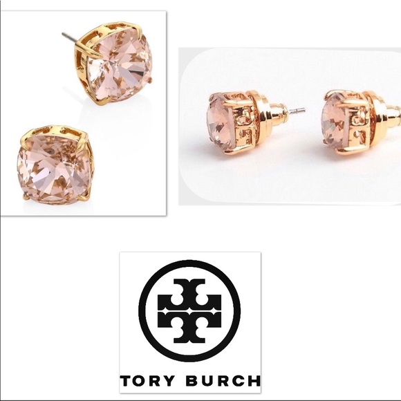 TORY BURCH ROSE/GOLD SWAROVSKI CUSHION EARRINGS - Picture 2 of 6